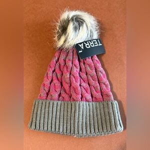 TERRA Pink Cable Knit Pom Pom Beanie with Gray Cuff